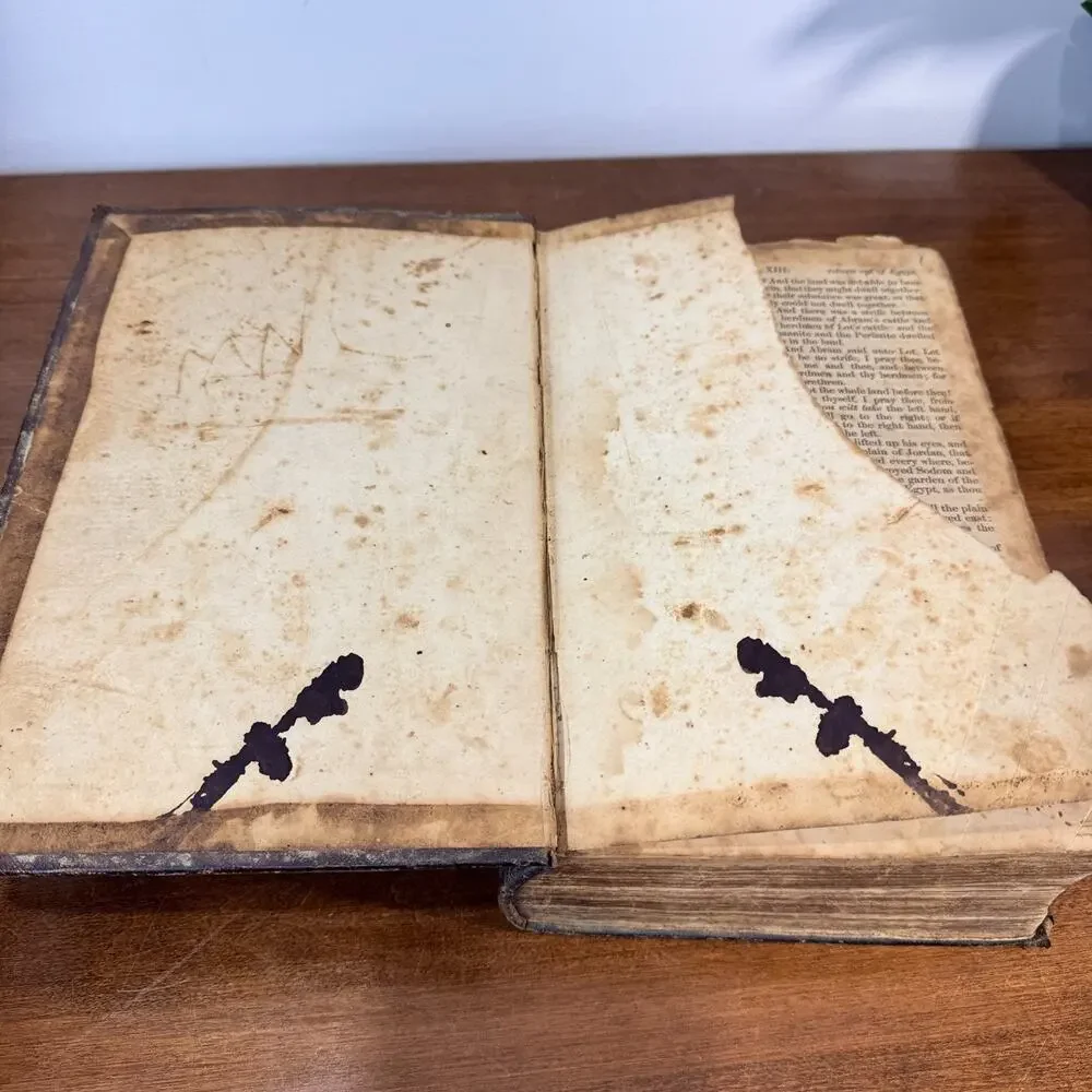 Antique 19th Century Large Leather Family Bible King James KJV Primitive 1850